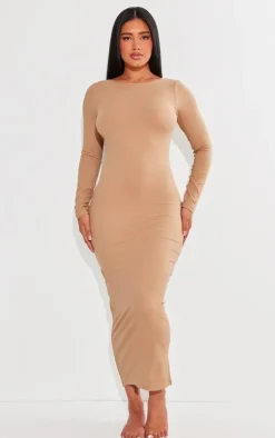 Shape Taupe Sculpted Long Sleeve Low Back Maxi Dress