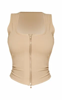 Shape Taupe Sculpted Square Neck Zip Top