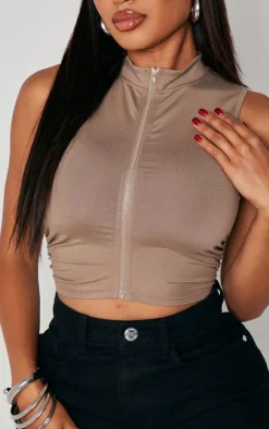 Shape Taupe Sculpted Zip Front Sleeveless Top