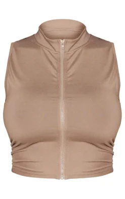 Shape Taupe Sculpted Zip Front Sleeveless Top