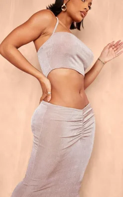 Shape Taupe Slinky Acetate Low Rise Ruched Front Maxi Skirt