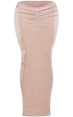 Shape Taupe Slinky Acetate Low Rise Ruched Front Maxi Skirt