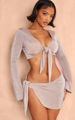 Shape Taupe Slinky Acetate Knot Detail Mini Skirt