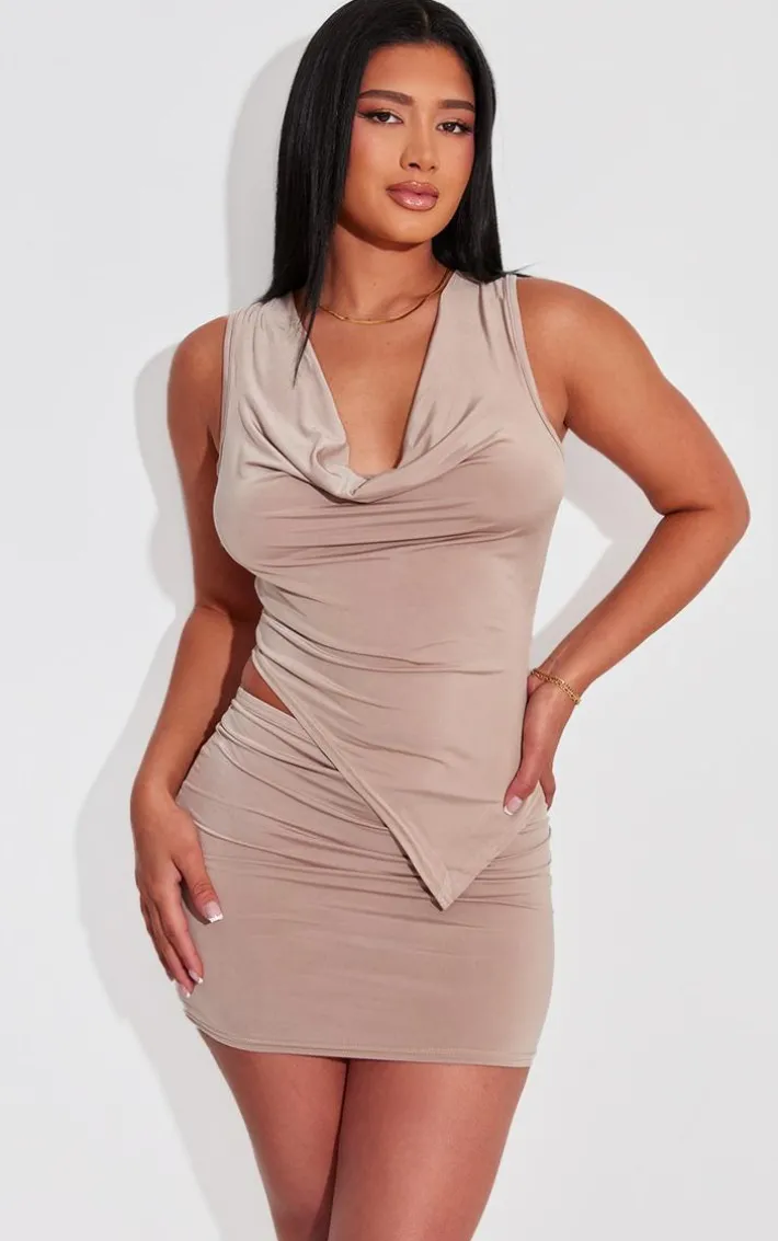 Shape Taupe Slinky Cowl Neck Asymmetric Hem Top