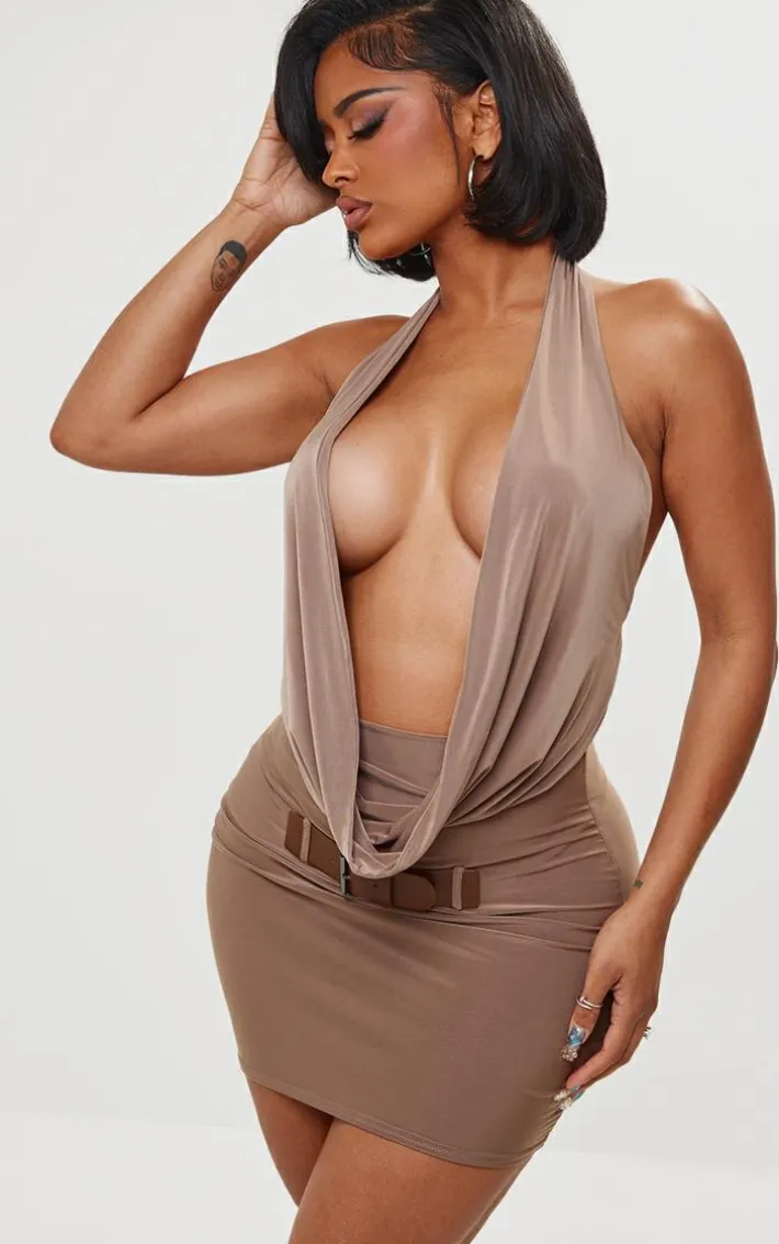 Shape Taupe Slinky Cowl Neck Buckle Dress