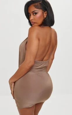 Shape Taupe Slinky Cowl Neck Buckle Dress