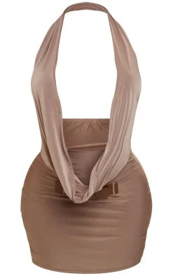 Shape Taupe Slinky Cowl Neck Buckle Dress