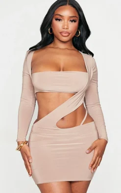 Shape Taupe Slinky Cut Out Long Sleeved Bodycon Dress