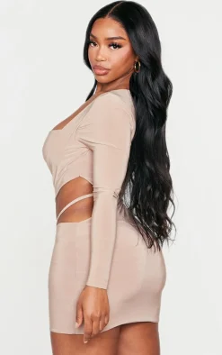 Shape Taupe Slinky Cut Out Long Sleeved Bodycon Dress