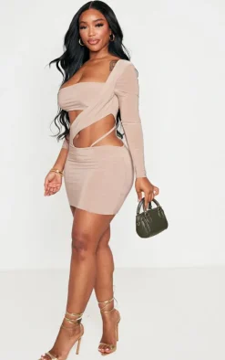 Shape Taupe Slinky Cut Out Long Sleeved Bodycon Dress