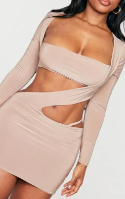 Shape Taupe Slinky Cut Out Long Sleeved Bodycon Dress