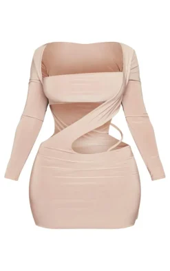 Shape Taupe Slinky Cut Out Long Sleeved Bodycon Dress