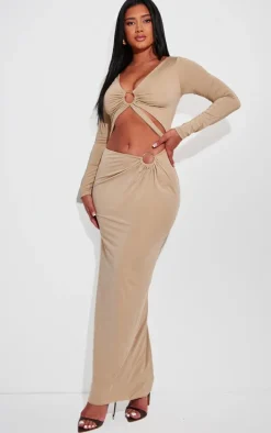 Shape Taupe Slinky Cut Out Ring Long Sleeve Maxi Dress