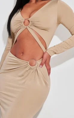 Shape Taupe Slinky Cut Out Ring Long Sleeve Maxi Dress