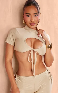 Shape Taupe Slinky High Neck Tie Front Cropped T-shirt