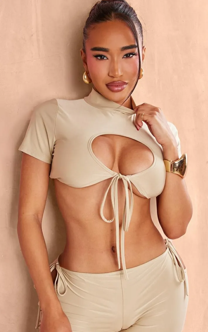 Shape Taupe Slinky High Neck Tie Front Cropped T-shirt