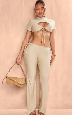 Shape Taupe Slinky High Neck Tie Front Cropped T-shirt