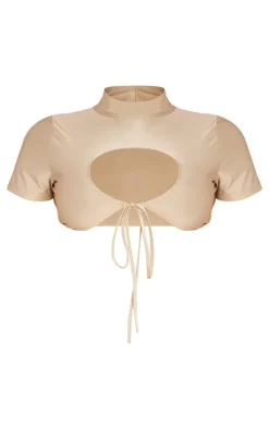 Shape Taupe Slinky High Neck Tie Front Cropped T-shirt