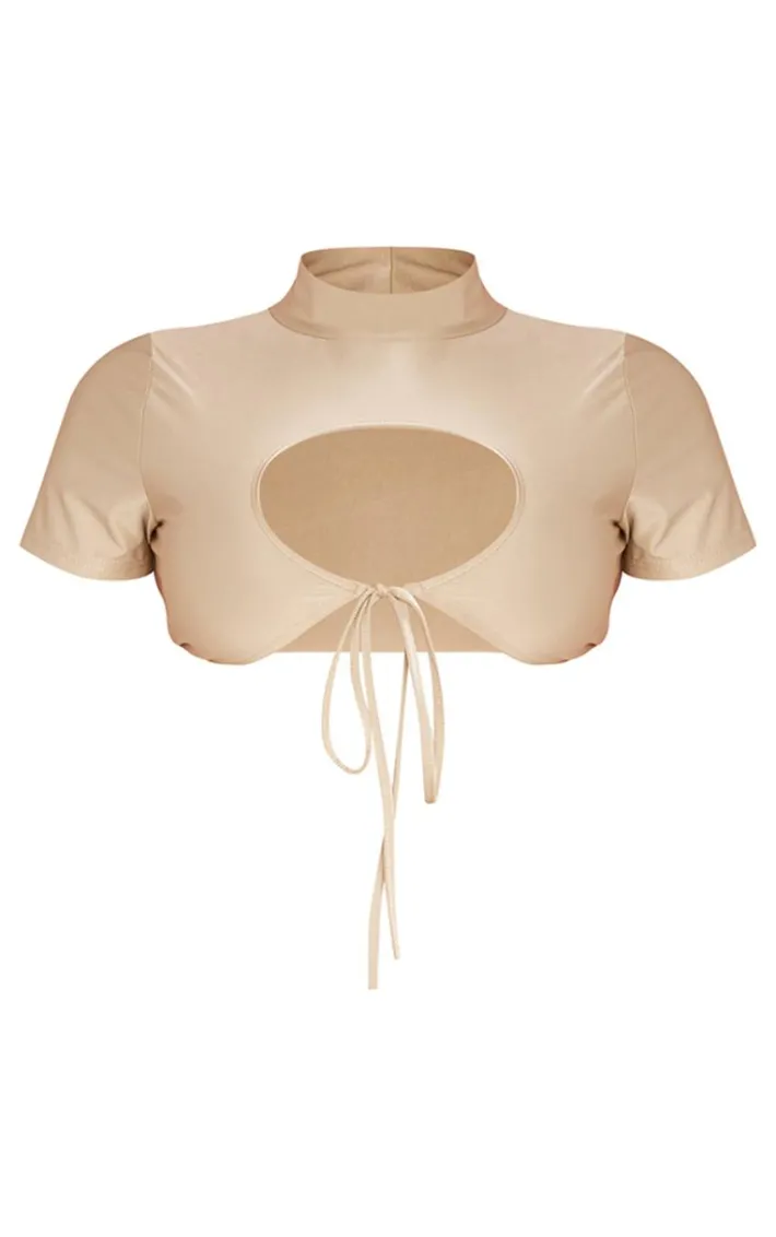 Shape Taupe Slinky High Neck Tie Front Cropped T-shirt