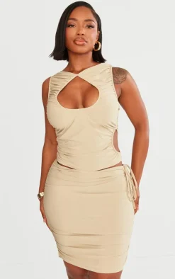 Shape Taupe Slinky Ruched Cut Out Longline Top