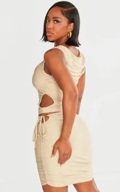 Shape Taupe Slinky Ruched Cut Out Longline Top