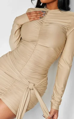 Shape Taupe Slinky Ruched Detail Long Sleeve Bodycon Dress