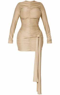 Shape Taupe Slinky Ruched Detail Long Sleeve Bodycon Dress