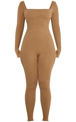 Shape Taupe Snatched Rib Square Neck Thumb Hole Jumpsuit