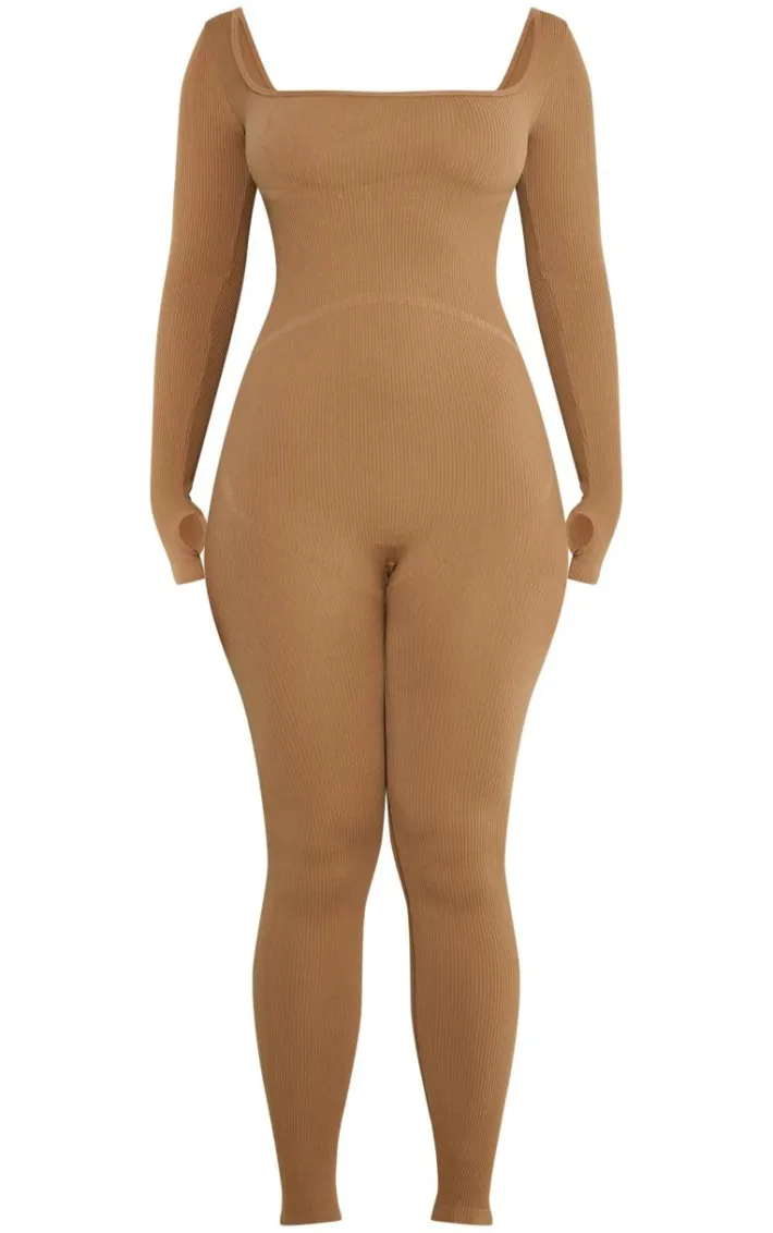 Shape Taupe Snatched Rib Square Neck Thumb Hole Jumpsuit