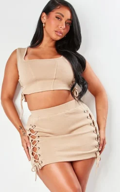 Shape Taupe Sweat Lace Up Racer Scoop Neck Top