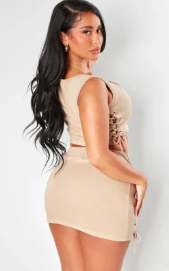 Shape Taupe Sweat Lace Up Racer Scoop Neck Top