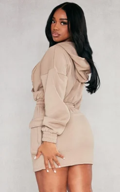 Shape Taupe Utility Pocket Detail Plunge Sweatshirt Dress