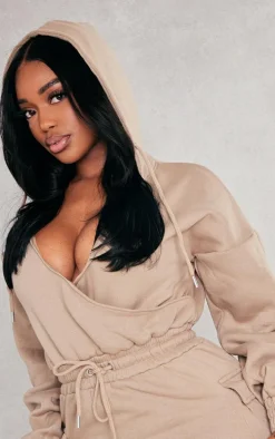 Shape Taupe Utility Pocket Detail Plunge Sweatshirt Dress