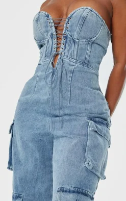 Shape Vintage Mid Wash Denim Bandeau Lace Up Front Wide Leg Jumpsuit