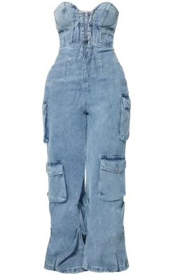 Shape Vintage Mid Wash Denim Bandeau Lace Up Front Wide Leg Jumpsuit
