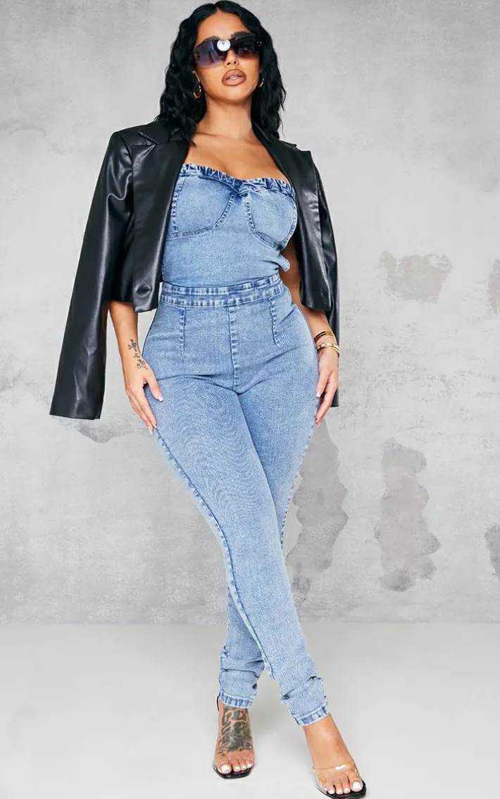 Shape Vintage Wash Cup Detail Tie Back Denim Jumpsuit