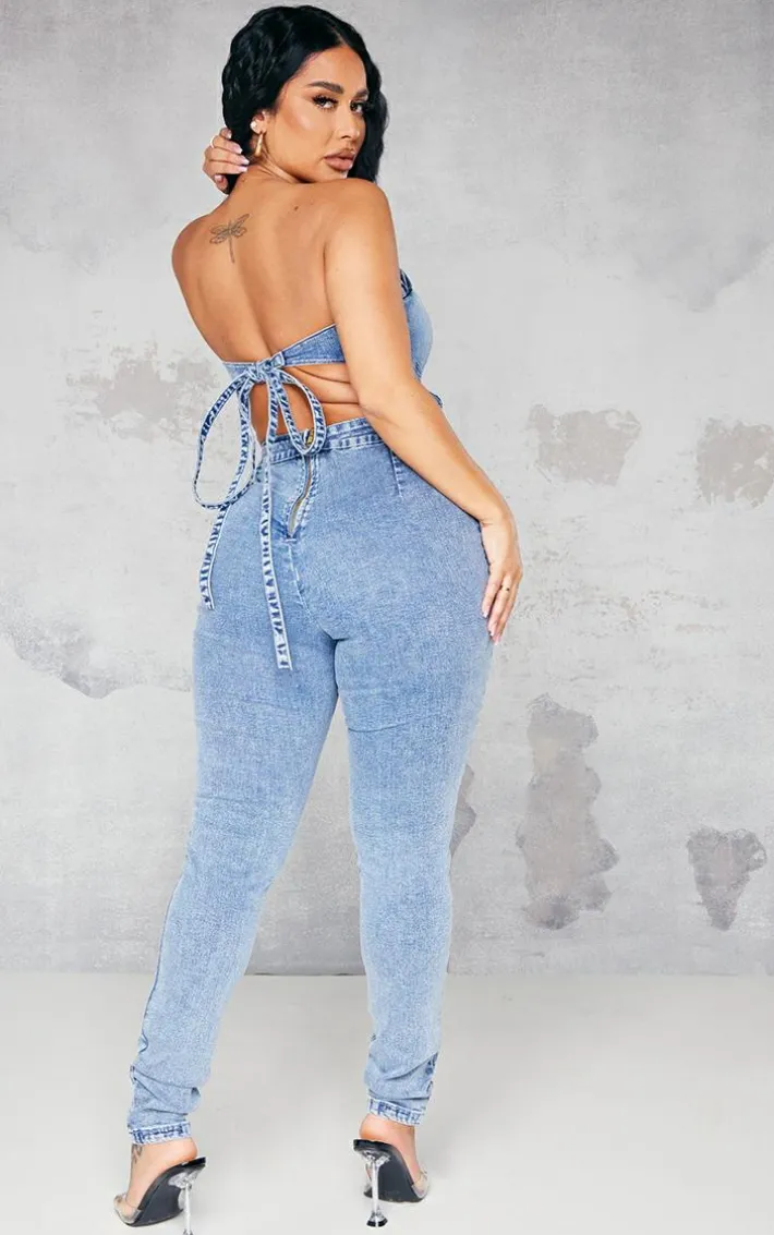 Shape Vintage Wash Cup Detail Tie Back Denim Jumpsuit