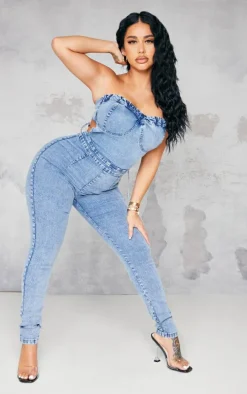 Shape Vintage Wash Cup Detail Tie Back Denim Jumpsuit