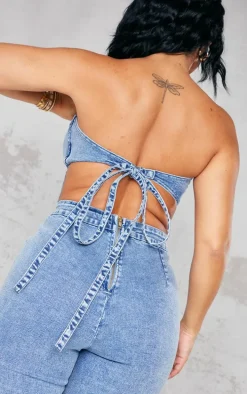 Shape Vintage Wash Cup Detail Tie Back Denim Jumpsuit