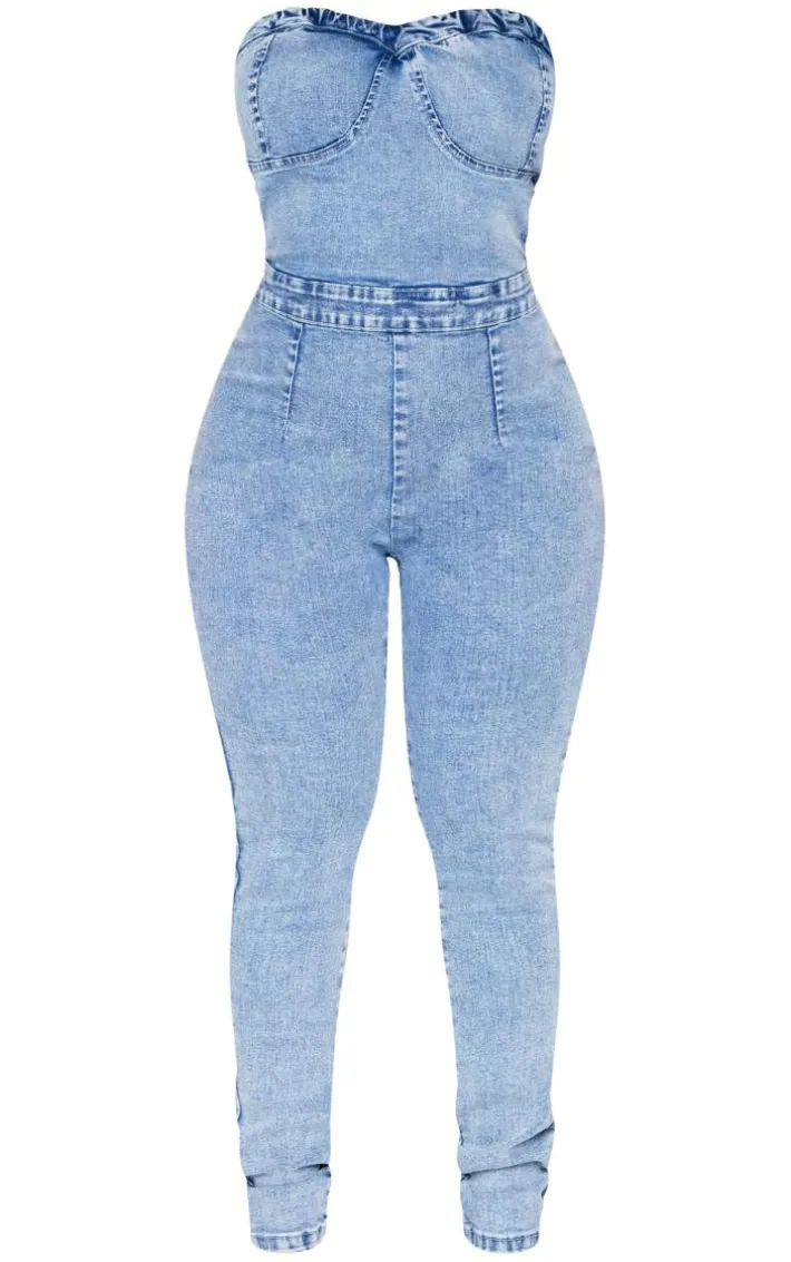 Shape Vintage Wash Cup Detail Tie Back Denim Jumpsuit