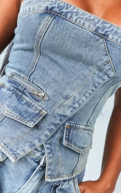 Shape Vintage Wash Denim Zip Detail Bandeau Corset