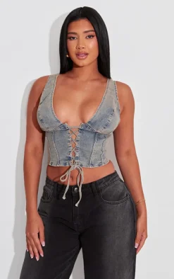 Shape Vintage Wash Denim Lace Up Corset Top