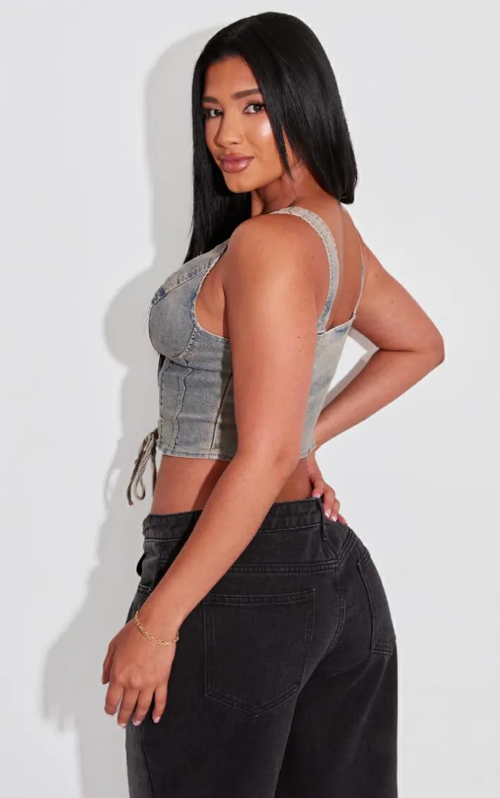 Shape Vintage Wash Denim Lace Up Corset Top