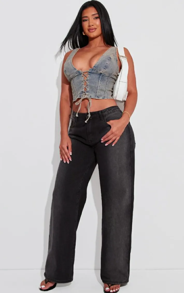 Shape Vintage Wash Denim Lace Up Corset Top