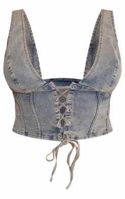 Shape Vintage Wash Denim Lace Up Corset Top