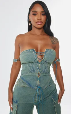 Shape Vintage Wash Denim Lace Up Front Corset