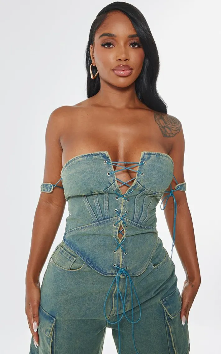 Shape Vintage Wash Denim Lace Up Front Corset