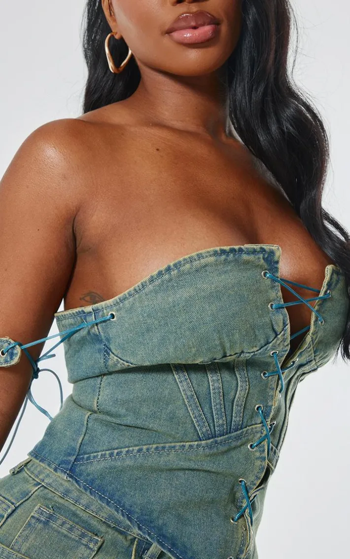 Shape Vintage Wash Denim Lace Up Front Corset