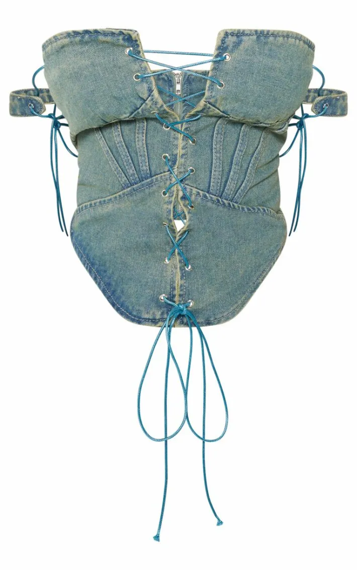 Shape Vintage Wash Denim Lace Up Front Corset