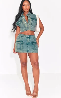 Shape Vintage Wash Denim Low Rise Micro Mini Skirt